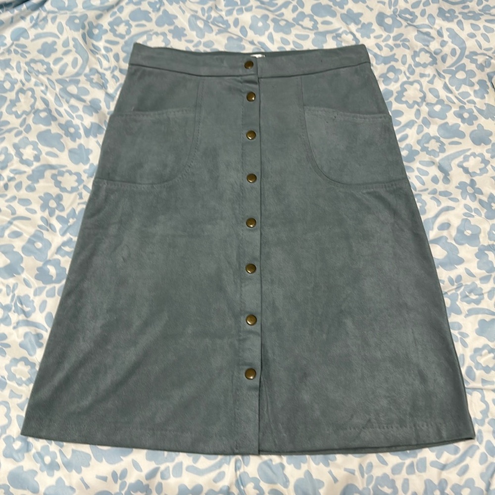 Teal faux suede button midi skirt